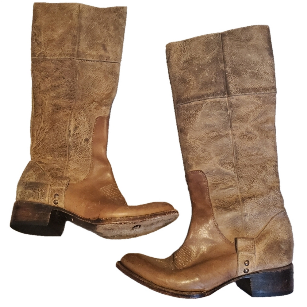 Freebird Distressed Tan Leather High Boots with Small Heel